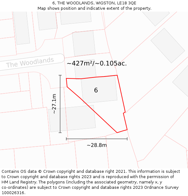 6, THE WOODLANDS, WIGSTON, LE18 3QE: Plot and title map