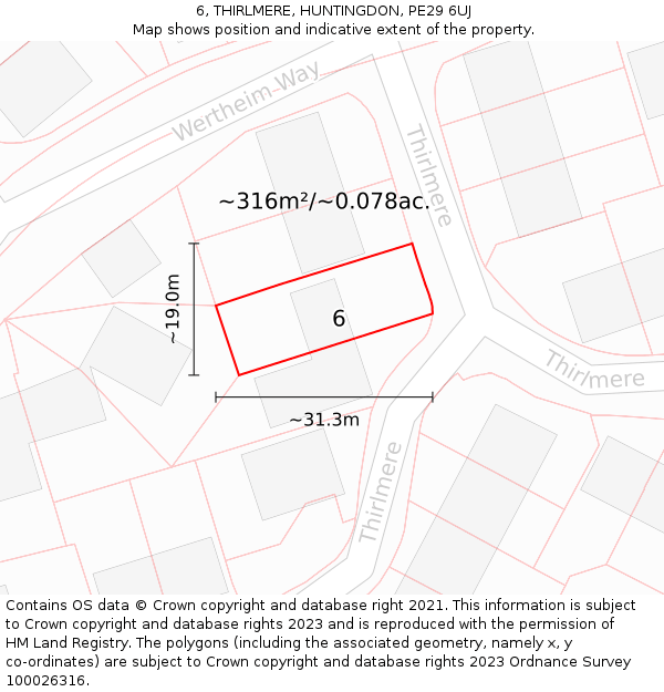 6, THIRLMERE, HUNTINGDON, PE29 6UJ: Plot and title map