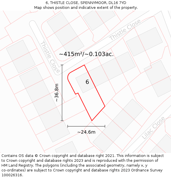 6, THISTLE CLOSE, SPENNYMOOR, DL16 7YD: Plot and title map