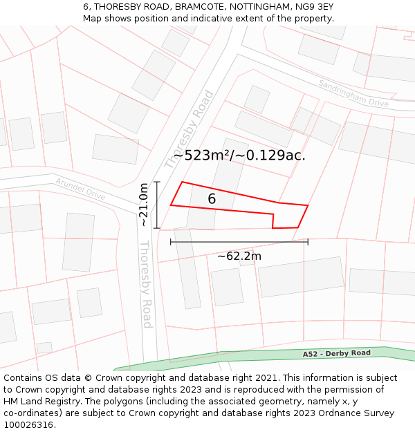 6, THORESBY ROAD, BRAMCOTE, NOTTINGHAM, NG9 3EY: Plot and title map