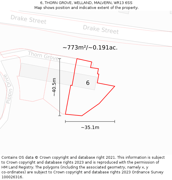 6, THORN GROVE, WELLAND, MALVERN, WR13 6SS: Plot and title map