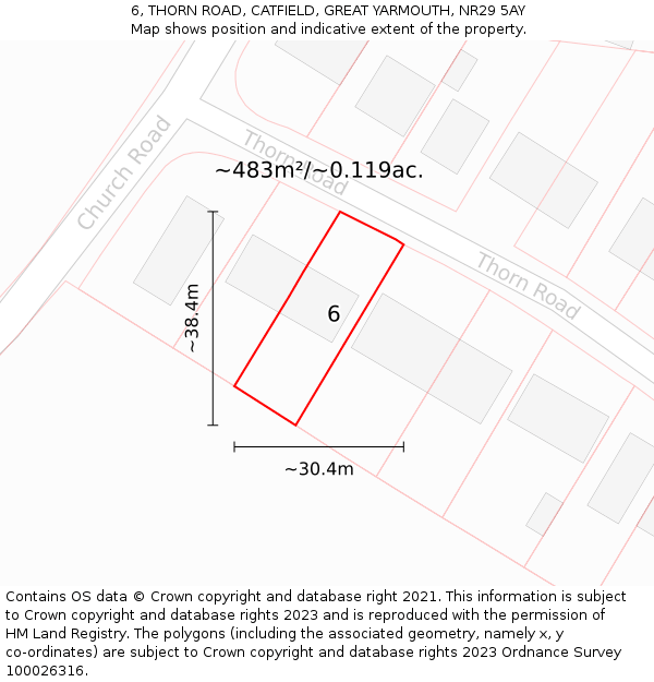 6, THORN ROAD, CATFIELD, GREAT YARMOUTH, NR29 5AY: Plot and title map