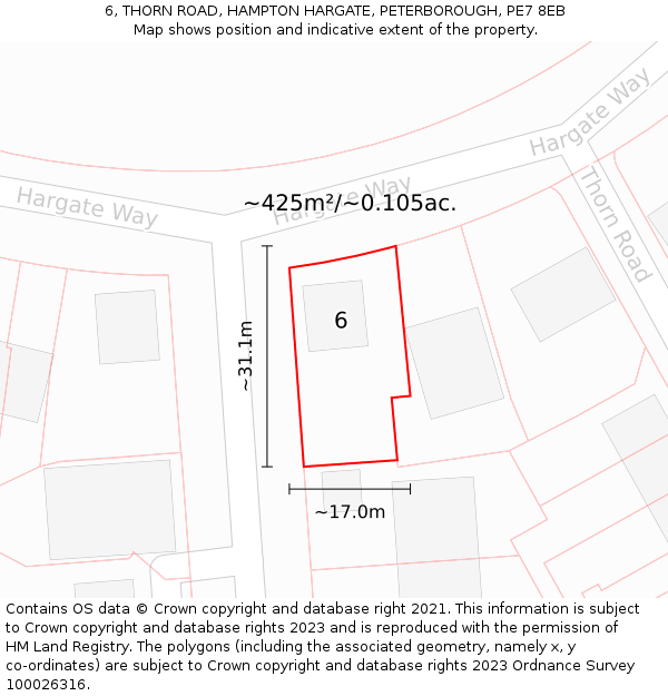 6, THORN ROAD, HAMPTON HARGATE, PETERBOROUGH, PE7 8EB: Plot and title map