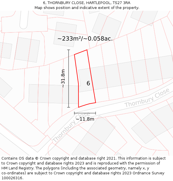 6, THORNBURY CLOSE, HARTLEPOOL, TS27 3RA: Plot and title map