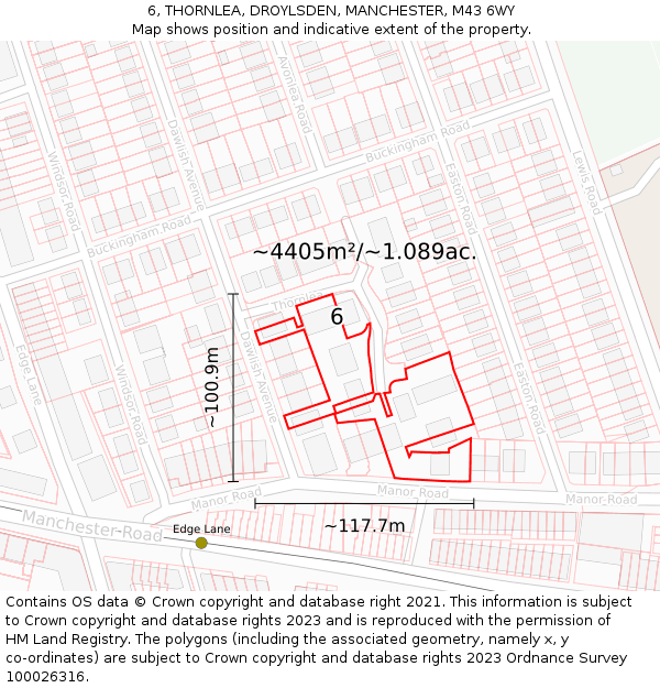 6, THORNLEA, DROYLSDEN, MANCHESTER, M43 6WY: Plot and title map