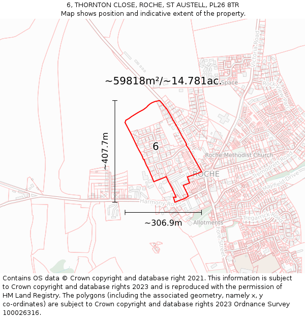 6, THORNTON CLOSE, ROCHE, ST AUSTELL, PL26 8TR: Plot and title map