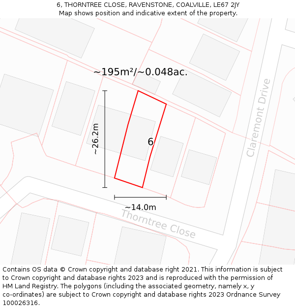 6, THORNTREE CLOSE, RAVENSTONE, COALVILLE, LE67 2JY: Plot and title map