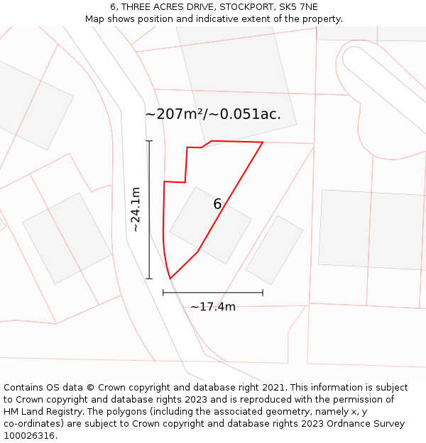 6, THREE ACRES DRIVE, STOCKPORT, SK5 7NE: Plot and title map