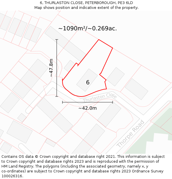 6, THURLASTON CLOSE, PETERBOROUGH, PE3 6LD: Plot and title map