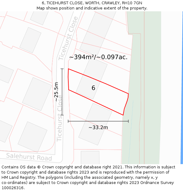 6, TICEHURST CLOSE, WORTH, CRAWLEY, RH10 7GN: Plot and title map