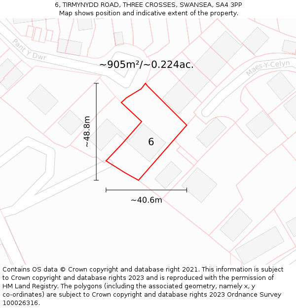 6, TIRMYNYDD ROAD, THREE CROSSES, SWANSEA, SA4 3PP: Plot and title map