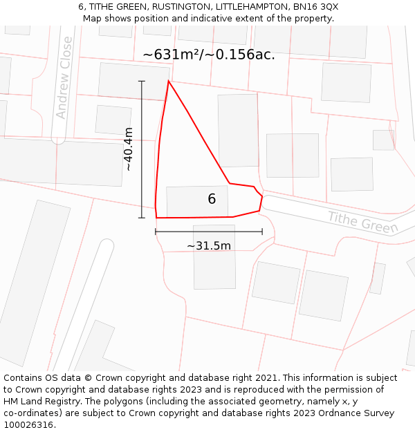 6, TITHE GREEN, RUSTINGTON, LITTLEHAMPTON, BN16 3QX: Plot and title map
