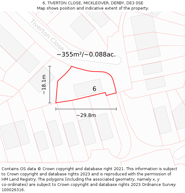 6, TIVERTON CLOSE, MICKLEOVER, DERBY, DE3 0SE: Plot and title map