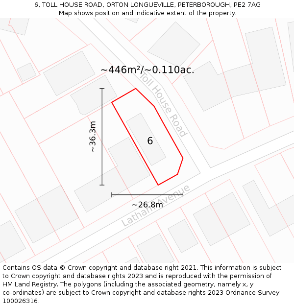 6, TOLL HOUSE ROAD, ORTON LONGUEVILLE, PETERBOROUGH, PE2 7AG: Plot and title map
