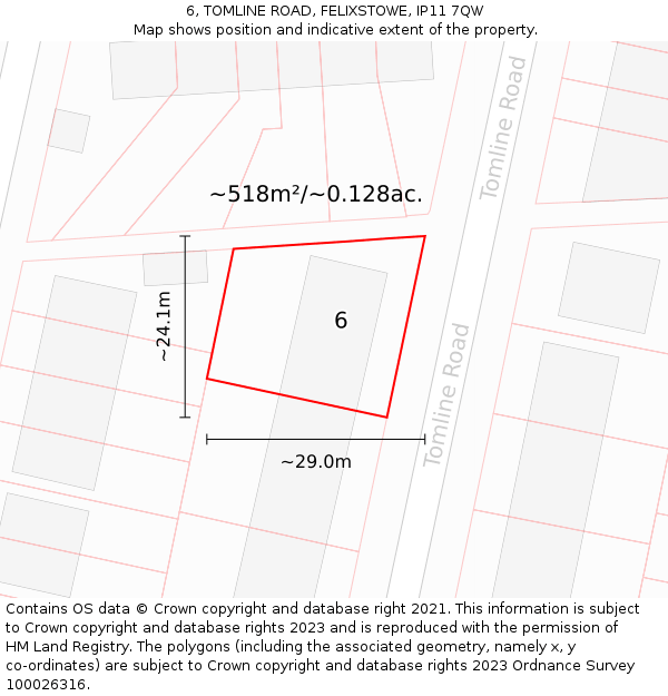 6, TOMLINE ROAD, FELIXSTOWE, IP11 7QW: Plot and title map