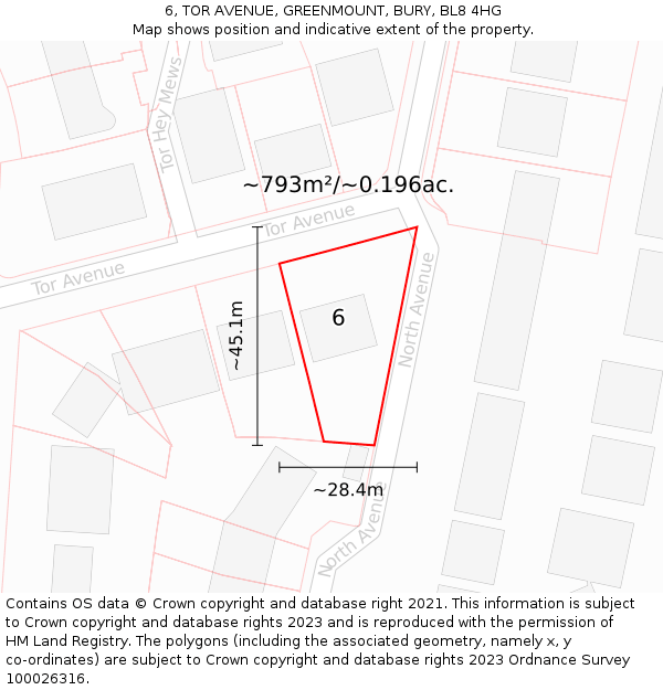 6, TOR AVENUE, GREENMOUNT, BURY, BL8 4HG: Plot and title map