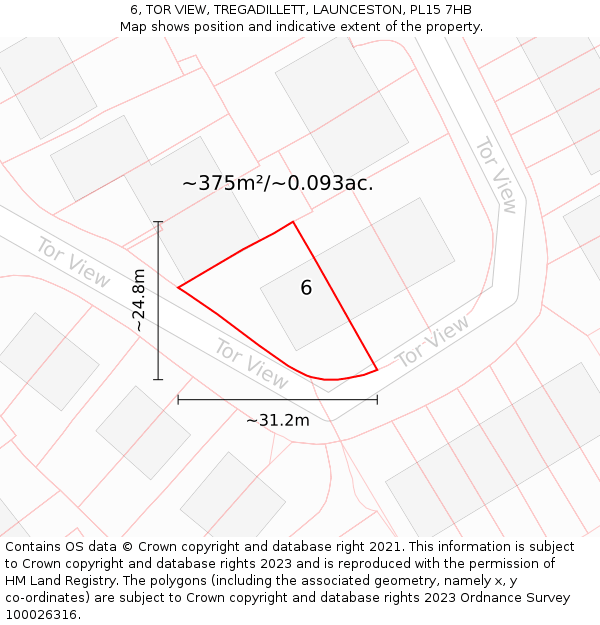 6, TOR VIEW, TREGADILLETT, LAUNCESTON, PL15 7HB: Plot and title map
