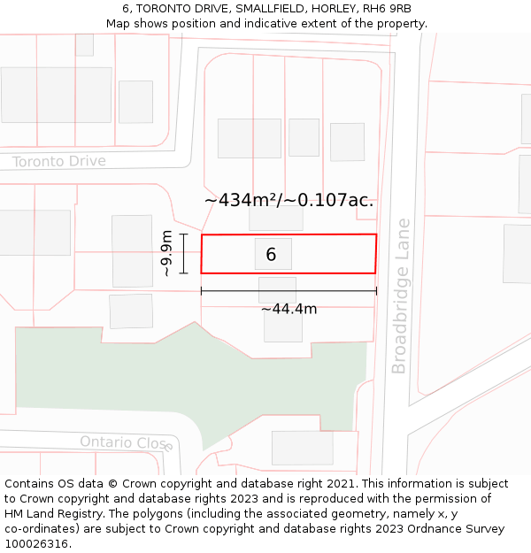 6, TORONTO DRIVE, SMALLFIELD, HORLEY, RH6 9RB: Plot and title map