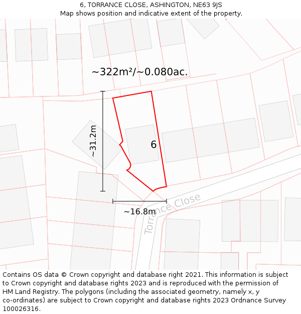 6, TORRANCE CLOSE, ASHINGTON, NE63 9JS: Plot and title map