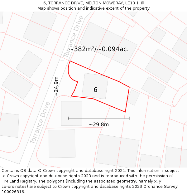 6, TORRANCE DRIVE, MELTON MOWBRAY, LE13 1HR: Plot and title map