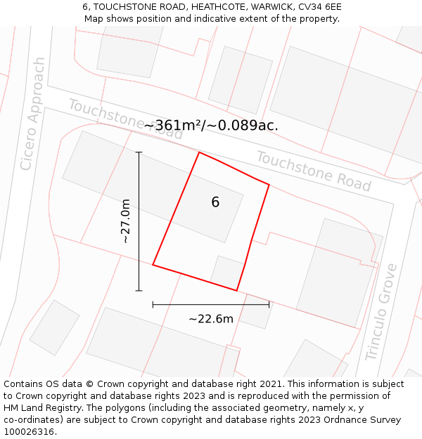 6, TOUCHSTONE ROAD, HEATHCOTE, WARWICK, CV34 6EE: Plot and title map