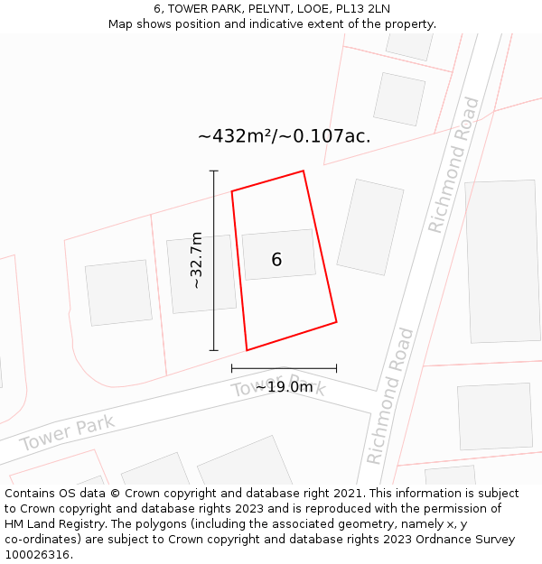 6, TOWER PARK, PELYNT, LOOE, PL13 2LN: Plot and title map