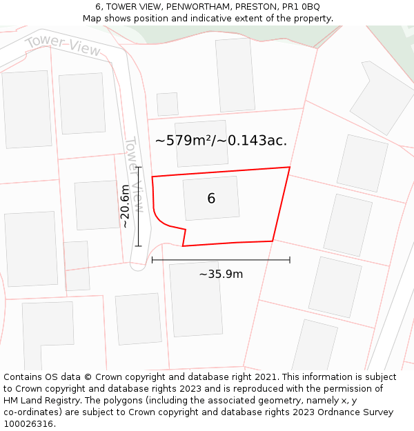 6, TOWER VIEW, PENWORTHAM, PRESTON, PR1 0BQ: Plot and title map