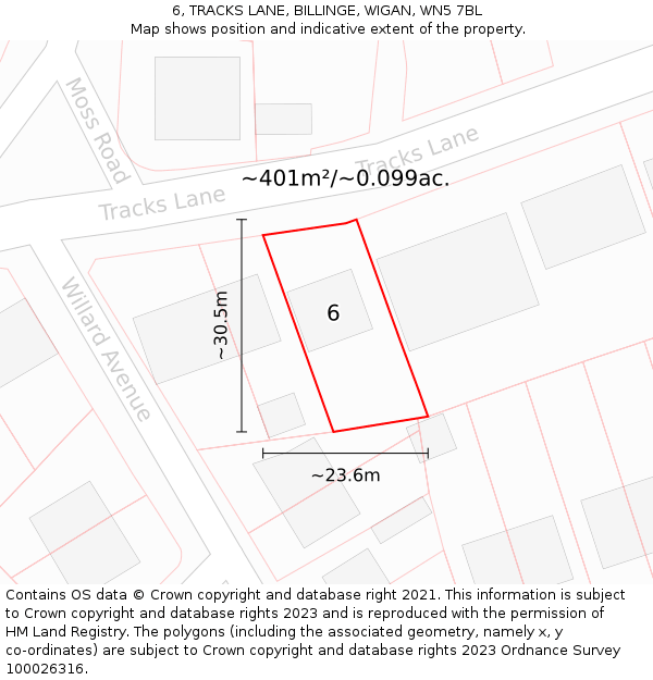 6, TRACKS LANE, BILLINGE, WIGAN, WN5 7BL: Plot and title map