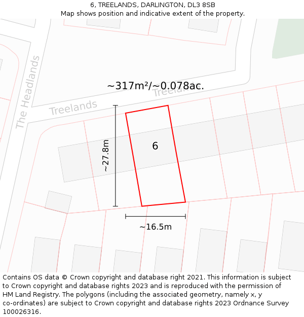 6, TREELANDS, DARLINGTON, DL3 8SB: Plot and title map
