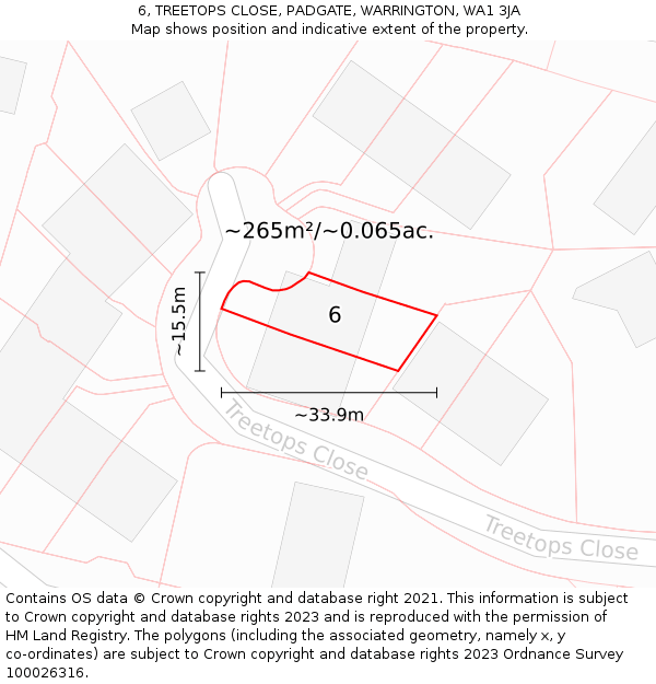 6, TREETOPS CLOSE, PADGATE, WARRINGTON, WA1 3JA: Plot and title map