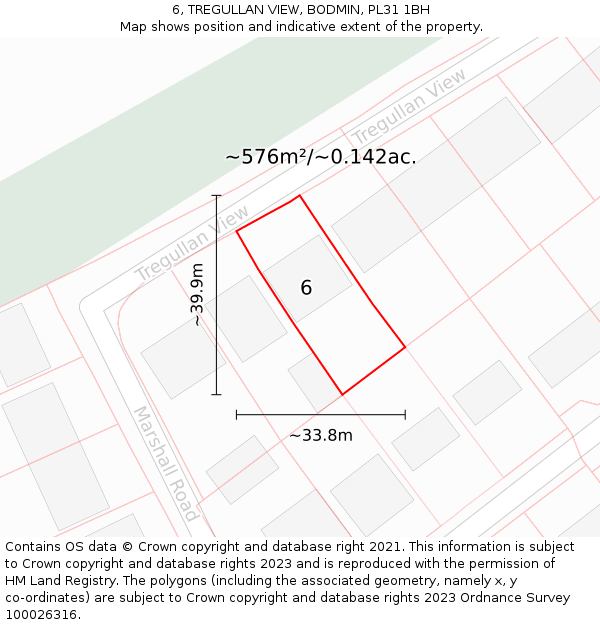 6, TREGULLAN VIEW, BODMIN, PL31 1BH: Plot and title map
