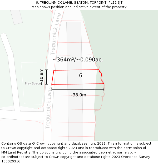6, TREGUNNICK LANE, SEATON, TORPOINT, PL11 3JT: Plot and title map