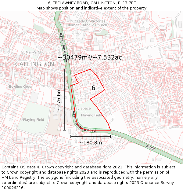 6, TRELAWNEY ROAD, CALLINGTON, PL17 7EE: Plot and title map
