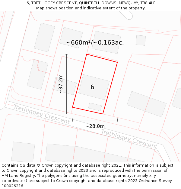 6, TRETHIGGEY CRESCENT, QUINTRELL DOWNS, NEWQUAY, TR8 4LF: Plot and title map