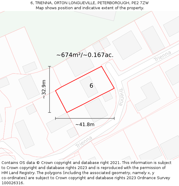 6, TRIENNA, ORTON LONGUEVILLE, PETERBOROUGH, PE2 7ZW: Plot and title map