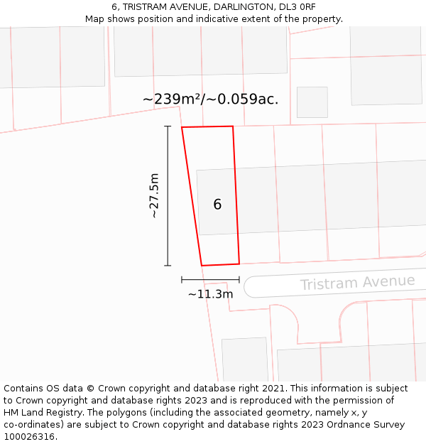 6, TRISTRAM AVENUE, DARLINGTON, DL3 0RF: Plot and title map