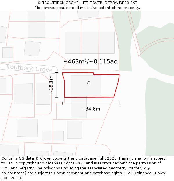 6, TROUTBECK GROVE, LITTLEOVER, DERBY, DE23 3XT: Plot and title map
