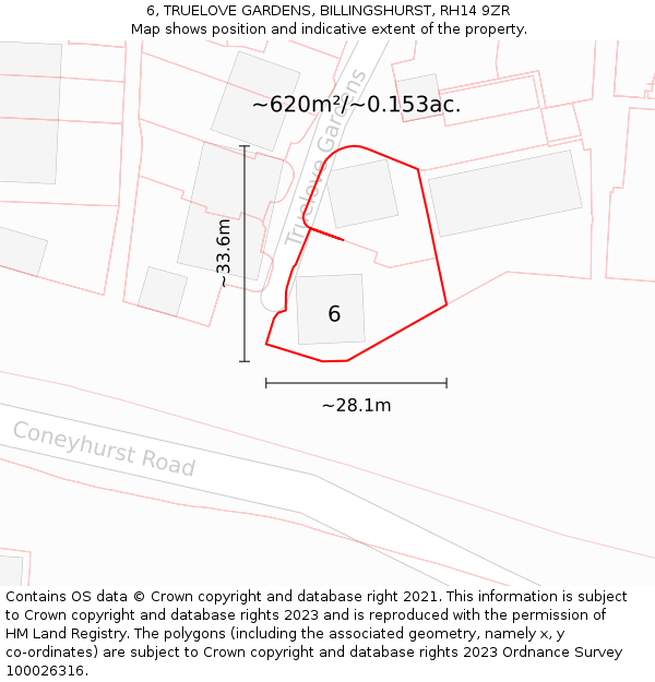 6, TRUELOVE GARDENS, BILLINGSHURST, RH14 9ZR: Plot and title map