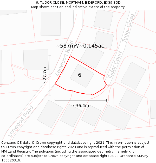 6, TUDOR CLOSE, NORTHAM, BIDEFORD, EX39 3QD: Plot and title map