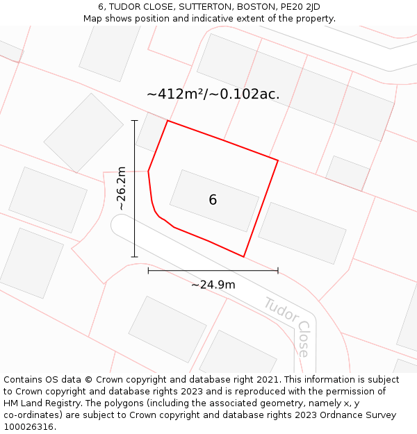 6, TUDOR CLOSE, SUTTERTON, BOSTON, PE20 2JD: Plot and title map