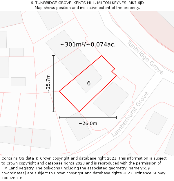 6, TUNBRIDGE GROVE, KENTS HILL, MILTON KEYNES, MK7 6JD: Plot and title map