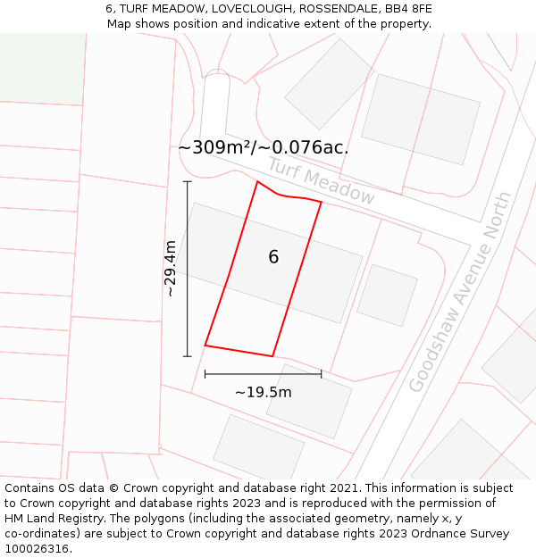 6, TURF MEADOW, LOVECLOUGH, ROSSENDALE, BB4 8FE: Plot and title map