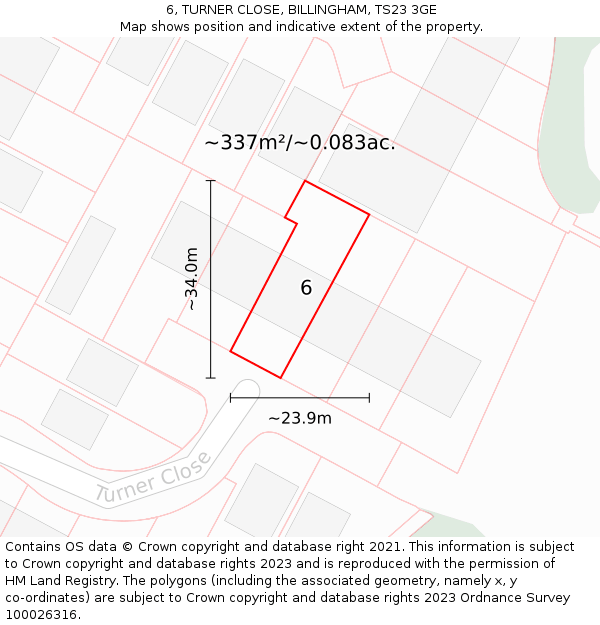 6, TURNER CLOSE, BILLINGHAM, TS23 3GE: Plot and title map