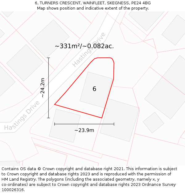 6, TURNERS CRESCENT, WAINFLEET, SKEGNESS, PE24 4BG: Plot and title map