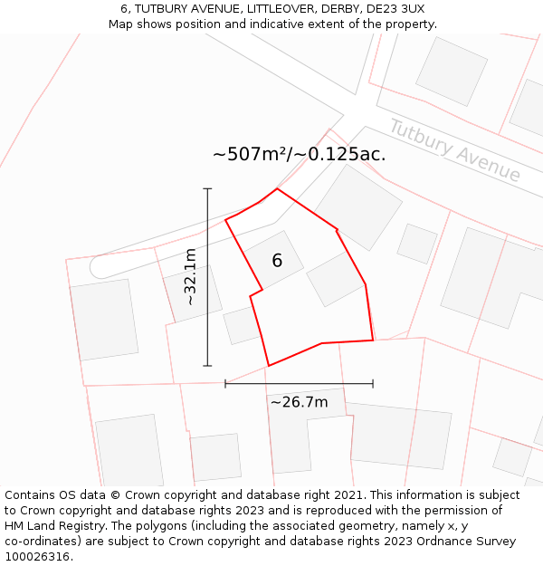 6, TUTBURY AVENUE, LITTLEOVER, DERBY, DE23 3UX: Plot and title map