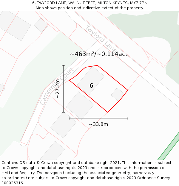 6, TWYFORD LANE, WALNUT TREE, MILTON KEYNES, MK7 7BN: Plot and title map