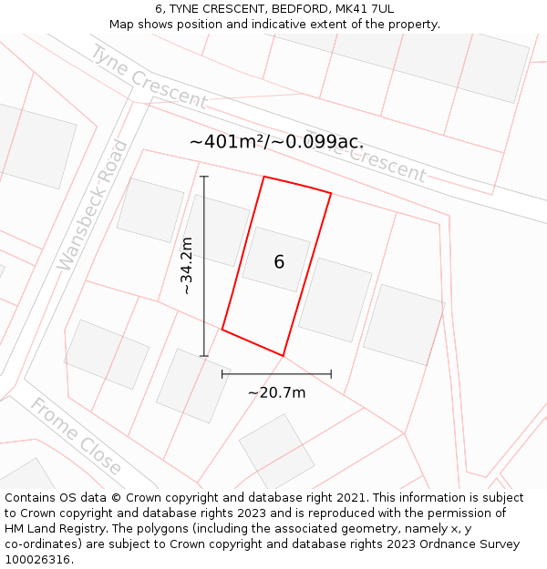 6, TYNE CRESCENT, BEDFORD, MK41 7UL: Plot and title map