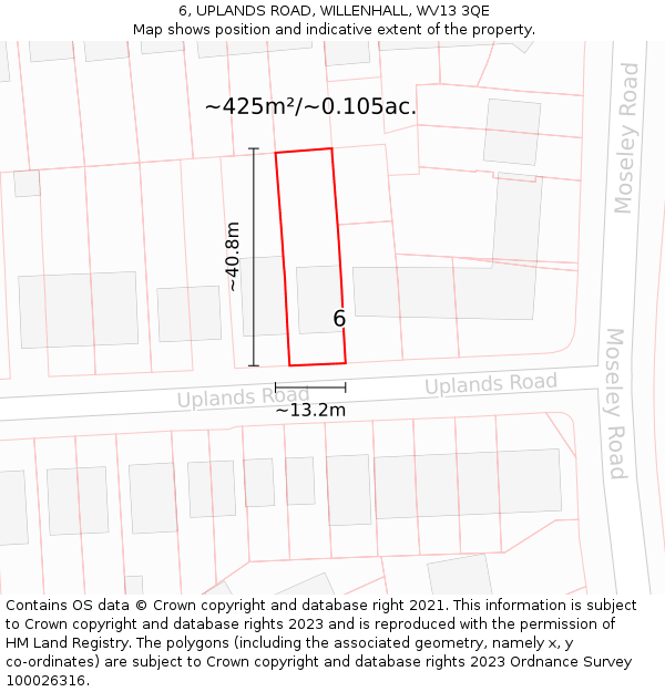 6, UPLANDS ROAD, WILLENHALL, WV13 3QE: Plot and title map