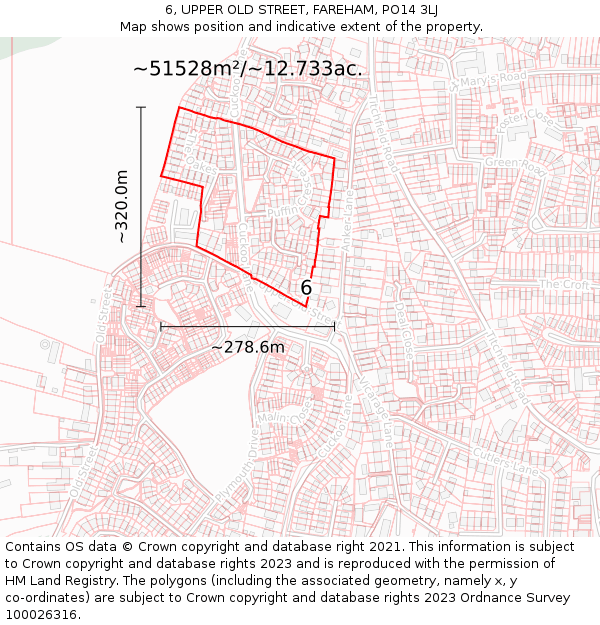 6, UPPER OLD STREET, FAREHAM, PO14 3LJ: Plot and title map