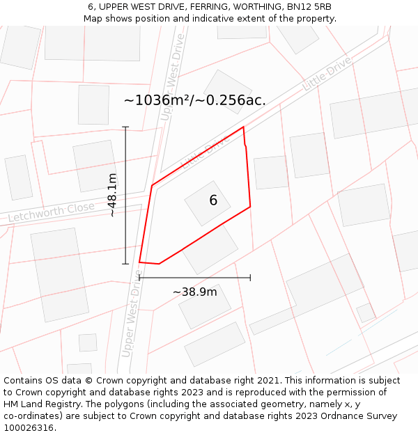 6, UPPER WEST DRIVE, FERRING, WORTHING, BN12 5RB: Plot and title map